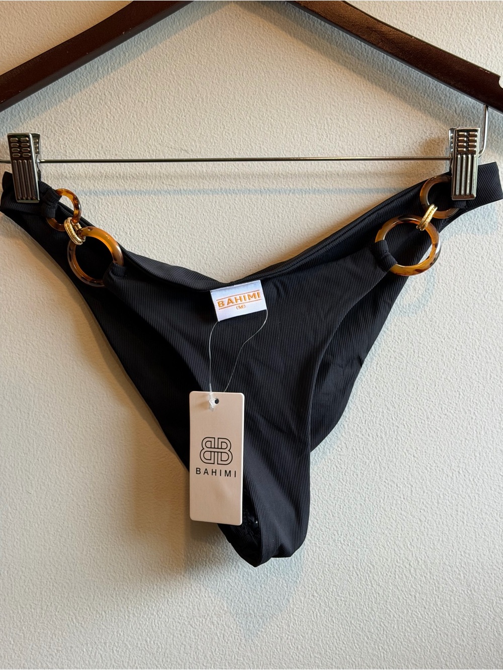 NWT Bahimi Black Women's Swim Bottom with Tortoiseshell Ring Details Size Medium